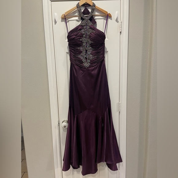 Y2K Evening Halter Gown Women’s Size 12 Small Purple Satin Beaded Prom Wedding - Picture 2 of 14